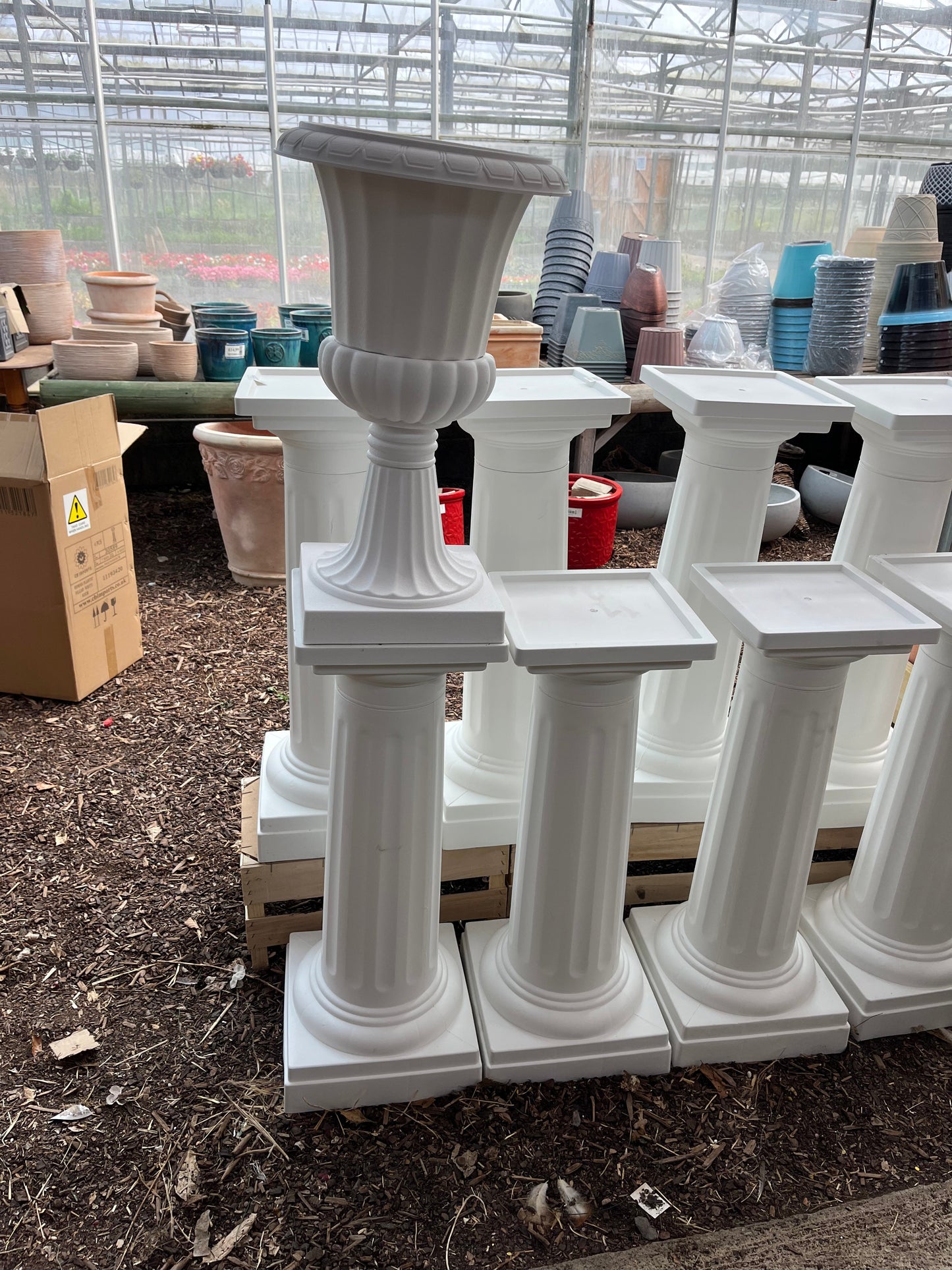 White Urn 58cm and Pedestial stands