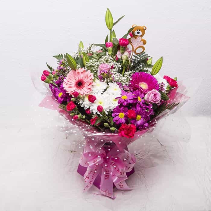 <p>This pretty gift is a lovely way to celebrate the birth of a baby girl. A collection of softly coloured pinks and creams creating a beautiful hand-tied bouquet of favourite flowers.</p><p>We expertly hand-tie these blooms and wrap in pink wrapping before placing in a pretty pink presentation box.</p><p>The proud parents will be tickled pink and are sure to love it.</p>